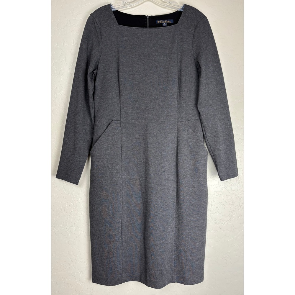 Brooks Brothers Gray Ponte Knit Square Neck Long Sleeve Sheath Dress Size 8 2410